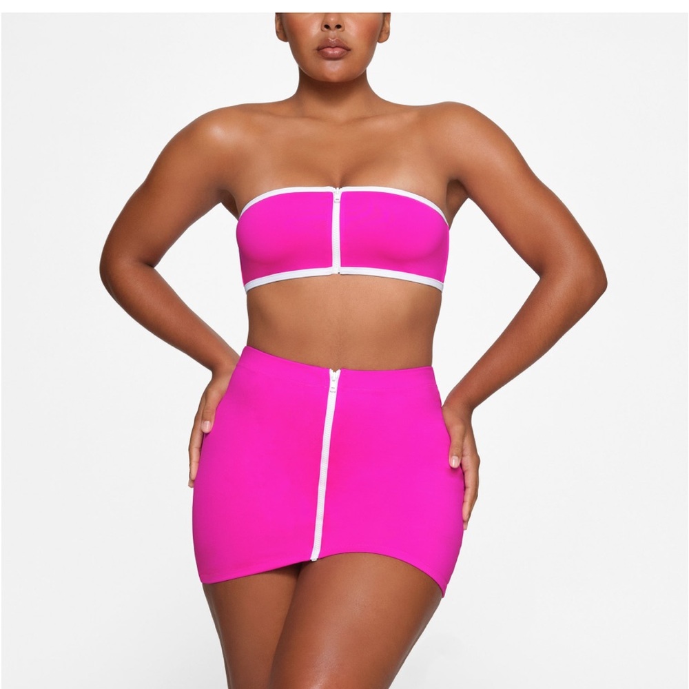 SKIMS Neon Pink Bandeau Bikini Set with White Trim